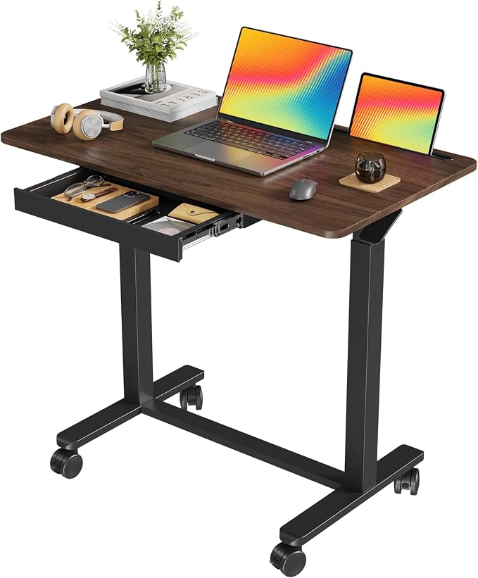 Mobile Standing Desk, 35inch Small Rolling Table with Drawer, Height Adjustable Sit Stand Workstation, Walnut Portable Laptop Cart with Hidden Wheels or Lockable Casters