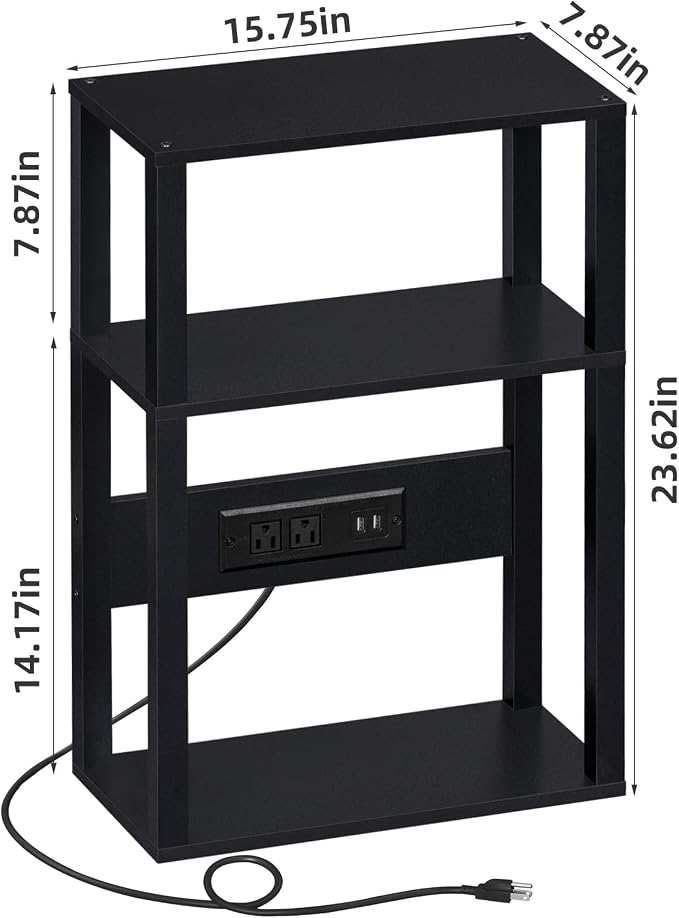 YUFAM 3-Tier Small Narrow Wood Side Table Set of 2 with Charging Station - Skinny Nightstand for Small Spaces, Slim Bedside Table with USB Ports and Outlets - Thin End Table with Storage, Black