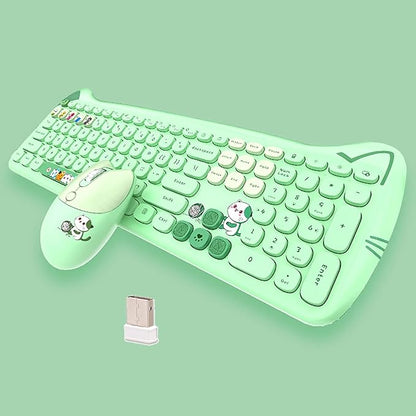 Cute Cat 2.4G USB Wireless Keyboard and Mouse Combo, Silent Keys, Candy Colors, Compatible with Notebook, PC (Green-110Keys)