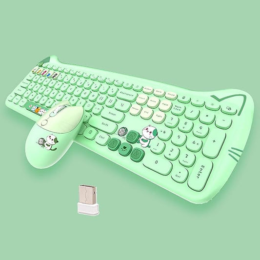 Cute Cat 2.4G USB Wireless Keyboard and Mouse Combo, Silent Keys, Candy Colors, Compatible with Notebook, PC (Green-110Keys)