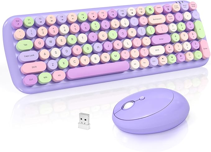 Wireless Keyboard and Mouse Combo, 2.4GHz Wireless Retro Keyboard and Mouse for PC/Laptop/Desktop/Windows (Purple Colorful)