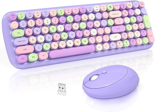 Wireless Keyboard and Mouse Combo, 2.4GHz Wireless Retro Keyboard and Mouse for PC/Laptop/Desktop/Windows (Purple Colorful)