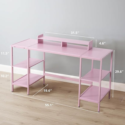MINOSYS Computer Desk 55-inch with Storage Shelf - Pink Ideal Gaming Desk for Bedrooms, Small Spaces, and Home Offices Modern Writing Desk for PCs.