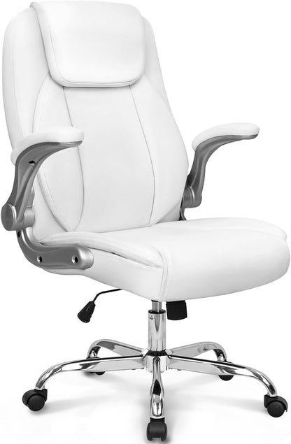 NEO Chair High Back Office Desk Chair for Computer Garming Ergonomic Executive Chair with Comfy Lumbar Support Flip-up Arms Height Adjustable Swivel (Leather White)
