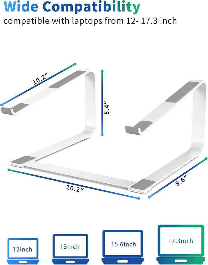 SOUNDANCE Laptop Stand for Desk, Ergonomic Metal Computer Riser for 12-17.3 Inch Laptops, Heavy Duty Stable Desktop Holder, Improves Eye Level & Workspace Organization, White