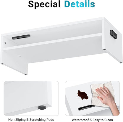 BONTEC Wood Monitor Stand Riser, 2-Tier Desktop Organizer with Storage, Ergonomic Computer Stand for Desk, Cable Management, Cellphone Holder, 21.3 Inch Shelf, White