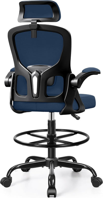 Drafting Chair, Tall Office Chair for Standing Desk, Ergonomic High Back with Headrest, Lumbar Support, Foot Ring and Flip-up Armrests, Navy Blue