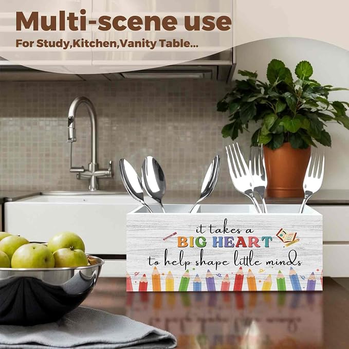 Teacher Appreciation Gifts Pencil Pen Holder for Desk Organizer, Thank You Gifts for Teachers Women Men Wooden Box Decorations for Home Office Classroom Desk Tabletop Decor