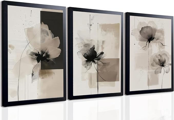 Neutral Abstract Floral Wall Art Black Framed Modern Large Minimalist Canvas Wall Decor Contemporary Beige Black Flower Posters Prints Picture for Living Room Bedroom Bathroom Office 16x24 In