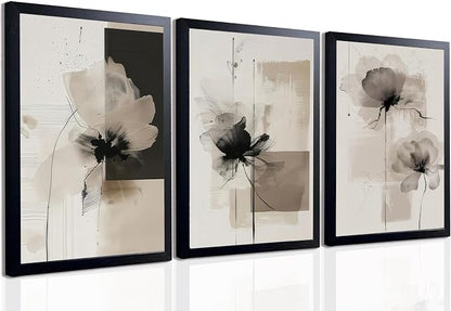 Neutral Abstract Floral Wall Art Black Framed Modern Large Minimalist Canvas Wall Decor Contemporary Beige Black Flower Posters Prints Picture for Living Room Bedroom Bathroom Office 16x24 In