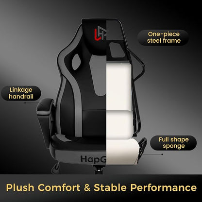 HapGIFT Office Chair, Home Office Chair with Link Armrest, Height Adjustable Computer Chair, Ergonomic PC Work Chair for Adults Teens, PU Leather Gaming Chairs, Gift, 300LBS (BLACK GREY)