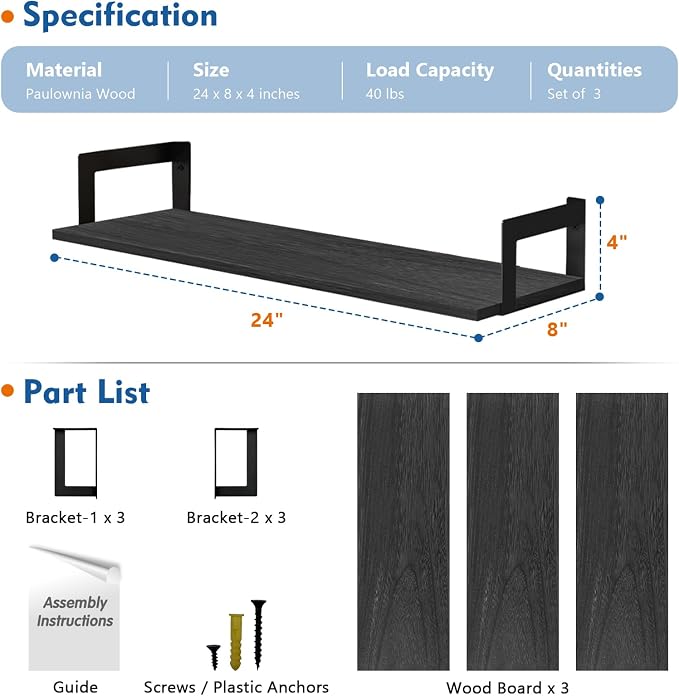 Harwaya Black Wall Shelves for Bedroom 24 Inch Long, 8 In Deep Floating Shelves for Wall, Large Wood Wall Mounted Bookshelf Hanging Shelf for Living Room Office Books Kitchen Closet Storage (Set of 3)