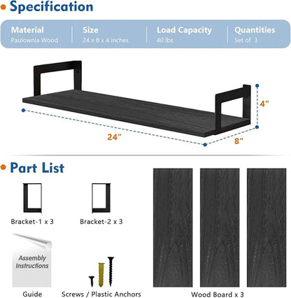 Harwaya Black Wall Shelves for Bedroom 24 Inch Long, 8 In Deep Floating Shelves for Wall, Large Wood Wall Mounted Bookshelf Hanging Shelf for Living Room Office Books Kitchen Closet Storage (Set of 3)