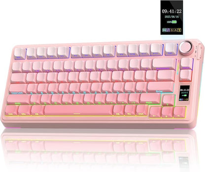 AULA S75 PRO Wireless Mechanical Keyboard with Screen&Knob, Tri-Mode Hot Swappable Gaming Keyboard 75%, Pre-lubed Switches, RGB Backlit, Side Printed PBT Keycaps, Creamy Sounding Pink Keyboards