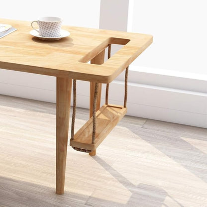 WoodShine Mid Century Modern Mini-Swing Wooden Coffee/Tea Table, Japanese Accent Floor Desk, Real Solid Wood Cafe Table with Storage for Home Living Room,Office, Length of 47.25 inches,Natural