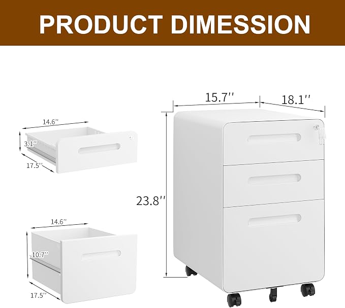 3 Drawer Mobile File Cabinet with Lock and 4 Keys, Small Vertical Metal Rolling Filing Cabinet Under Desk for Home Office Organizer Letters/Legal/A4 Hanging File Folders