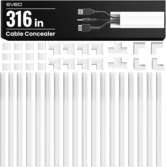 EVEO Cord Hider - 300” Cord Cover Wall Cable Hider, Cable Concealer, Wire Hiders for TV on Wall. Cable Management, Cord Hider Cable Raceway Wire Covers for Cords -18X (L17 W0.95 H0.5) - Medium - White