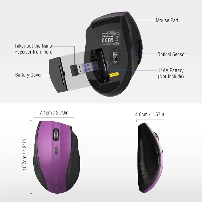 E-YOOSO Wireless Mouse for Laptop, Portable Optical Computer Mouse, 6 Buttons, Cordless 2.4GHz with USB Receiver, 5-Level 4800 DPI, 18 Months Battery Life, for PC, Chromebook, Windows, Mac(Purple)
