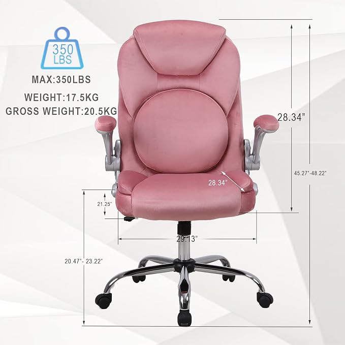 Lumbar Support Executive Office Chair, Ergonomic Velvet Desk Chair, High Back Office Chairs with Wheels Flip up Armrs, Back Support Home Computer Chairs for Women, 90°-120° Rocking (Pink)