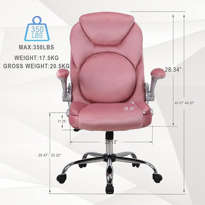 Lumbar Support Executive Office Chair, Ergonomic Velvet Desk Chair, High Back Office Chairs with Wheels Flip up Armrs, Back Support Home Computer Chairs for Women, 90°-120° Rocking (Pink)