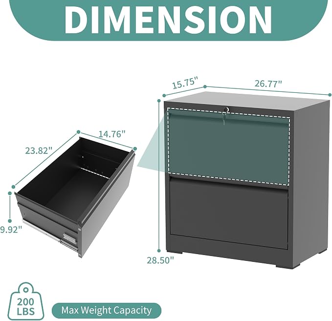 AQY 2 Drawer File Cabinet with Lock,Metal Lateral File Cabinets for Home Office,Steel Wide Filing Organization Storage Cabinets for Hanging Files Letter/Legal/F4/A4 Size,Assembly Required(Black)