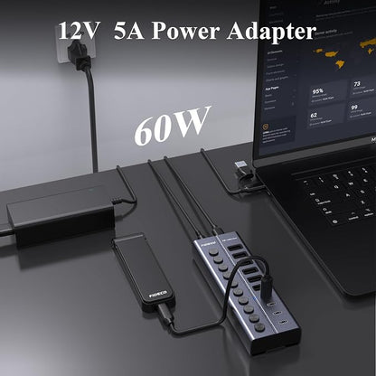 FIDECO 60W Powered USB Hub for Laptop and PC, 10-Port 10Gbps USB Splitter with 12V 5A Power Adapter, Aluminum USB 3.2 Gen 2 Multiport Adapter, 6 USB-A and 4 USB-C Ports, Support BC1.2 Charging