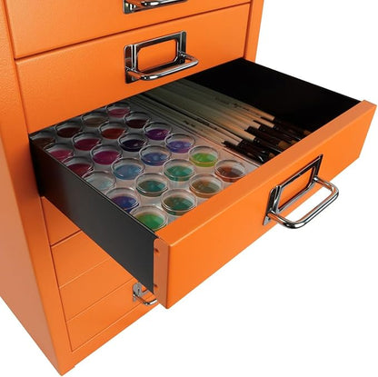 10-Drawer Steel MultiDrawer Cabinet - Orange, by Bisley | Chrome Pull Handles with Label Holders, Powder-Coated Steel, Removable Drawers, Fits Under Most Desks, Labels Included
