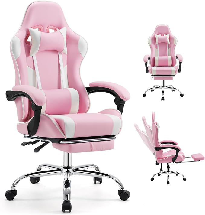 DUMOS Ergonomic Gaming Office Desk Chair with Footrest and Headrest for Adults, PU Leather Video Computer Chair with Linkage Armrests, Height Adjustable 360° Swivel Recling, White Pink