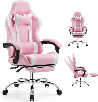 DUMOS Ergonomic Gaming Office Desk Chair with Footrest and Headrest for Adults, PU Leather Video Computer Chair with Linkage Armrests, Height Adjustable 360° Swivel Recling, White Pink