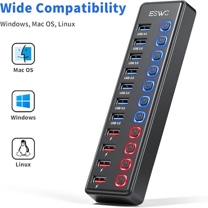Powered USB Hub, JESWO 11-Port USB 3.0 Hub (7 Data Transfer Ports + 4 Smart Charging Ports) with Individual LED On/Off Switches, USB Hub Powered with 12V/3A Power Adapter for Mac, PC