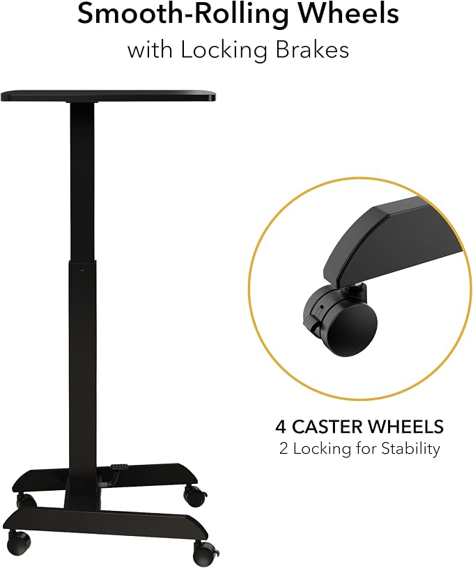 Mount-It! Rolling Laptop Desk Adjustable Height (29.6”-44.2”), Mobile Workstation Cart with 23.6” x 20.5” Desktop, Small Sit-Stand Desk for Home, Office, or Classroom in Black