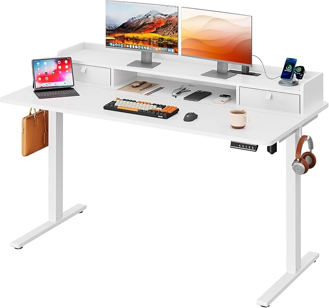 DEVAISE 55 Inch Electric Standing Desk with Shelf, Adjustable Computer Desk for Home Office, with LED Touchscreen, Headphone Hook, 3 Memory Preset, with One-Piece Desktop, White