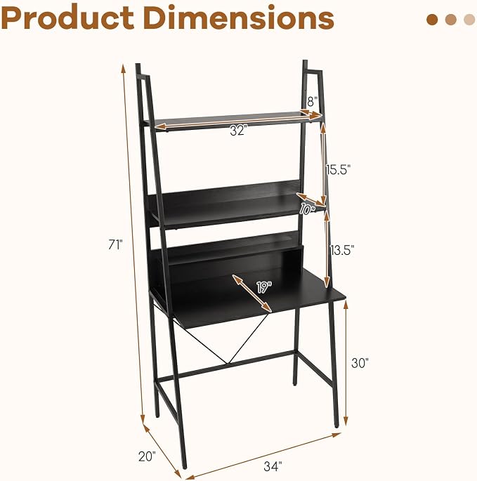Tangkula 3-Tier Ladder Computer Desk, 71 Inch Modern Writing Desk with Storage Shelves, PC Laptop Workstation, Ladder Bookcase Stand Shelf with Metal Frame, Study Shelf Desk for Home Office (Black)