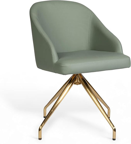 Martha Stewart Sora Stationary Swivel Task Chair with Sloped Arms for Home Office in Sage Faux Leather with Polished Brass Frame