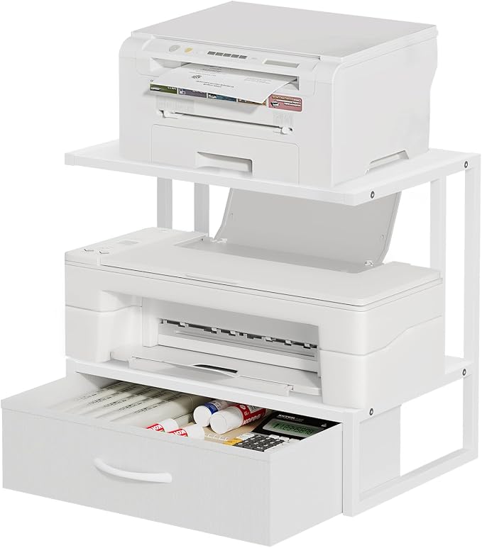 Printer Stand with Storage for Desk, with Fabric Drawer Desktop Printer Stand Shelf Organzier for Home Office, for Above and Under Desk Printer Table, Fax Machine Copier Scanner, White