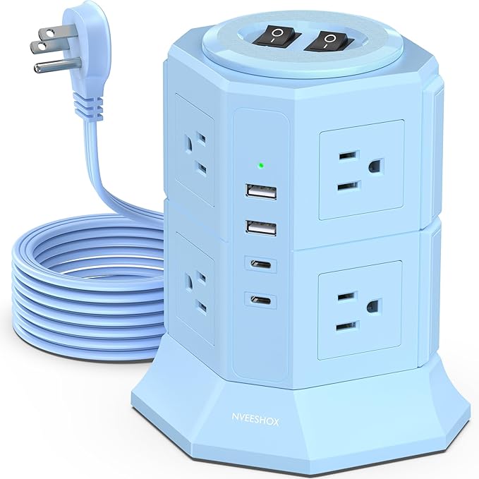 Surge Protector Power Strip Tower with 8 AC Outlets 4 USB Ports(2 Type C), 6.5 FT Ultra Flat Extension Cord with Multiple Outlets, Charging Station with Surge Protection for Family, Office, Dorm
