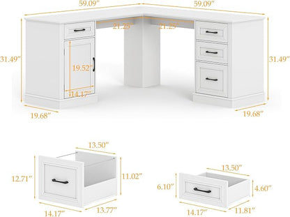 Vabches Farmhouse 59" L-Shaped Executive Desk with Drawers, Wood Home Office Corner Desk with File Drawer, Storage Cabinet, Rustic Computer Writing Desk for Home Office Cream White