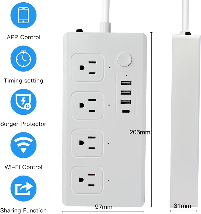 Smart Power Strip WiFi Surge Protector Extension Cord Voice Control Compatible with Alexa Google Assistant, 4 AC Outlets 4 USB Port, Individual Remotely Control, Timer Schedule, No Hub Required