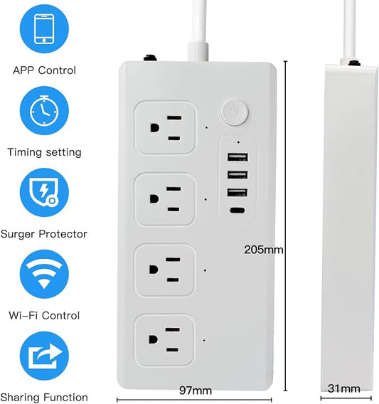 Smart Power Strip WiFi Surge Protector Extension Cord Voice Control Compatible with Alexa Google Assistant, 4 AC Outlets 4 USB Port, Individual Remotely Control, Timer Schedule, No Hub Required