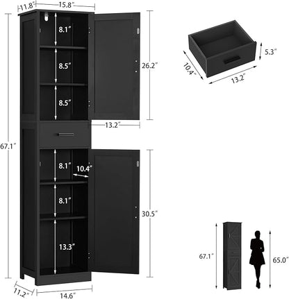TEENFON Tall Bathroom Cabinet, Storage Cabinet with 6 Shelves & Drawer, Bathroom Storage Cabinet with Adjustable Shelves, Tall Cabinet for Living Room, Home Office, Black