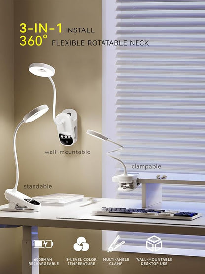 Clip On LED Desk Lamp Wireless, 6000mAh Rechargeable Eye-Caring Bedside Reading Light with Clock & Timer, 3 Color Temperatures 360° Rotatable for Dorm Room, Bed Headboard, Home, Office, Camping
