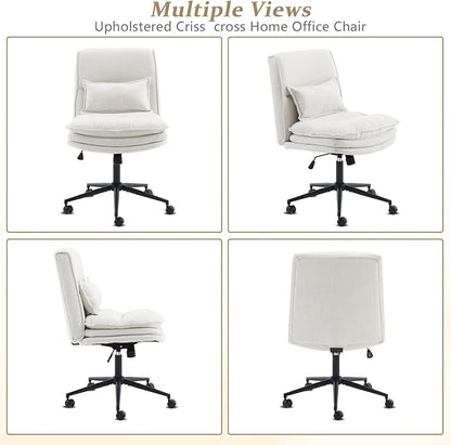 VINGLI Cloud Criss Cross Legged Chair,18" High Back Armless Home Office Desk Chair with Wheels,Wide Adjustable Comfy Padded Seat Task Computer Chair,Modern Swivel Makeup Vanity Chair,Fabric,Beige