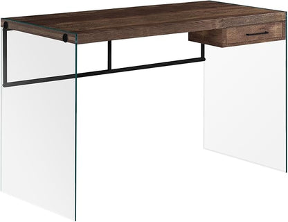 Monarch Specialties Computer Desk - Contemporary Writing Desk with Drawer - Tempered Glass Legs - 48"L (Brown Reclaimed Wood Look)