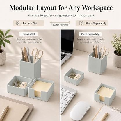 minimaliving Aesthetic Silicone Desk Organizer Set of 3,Modern Office Desk Accessories with Pen Holder,Paperclip Tray,Sticky Note Holder,Stylish Functional Office Desk Decor for Back-to-school(Grey)