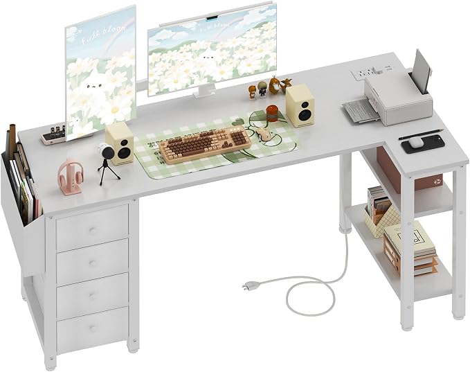 Lufeiya White L Shaped Desk with Drawers & Storage Shelves, 55 Inch Corner Computer Desk with Power Outlet for Home Office Bedroom, L-Shaped Teen PC Desks with Fabric Drawer, White