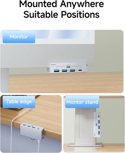 USB Hub 3.0, 5Gbps Clamp USB Hub for Desk/Monitors with Extra Power Supply Port, 3 USB-A Data Ports, USB-C Data Port for iMac Pro/iMac (Silver)