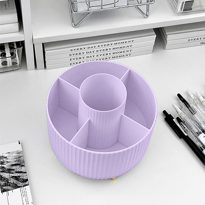 Pencil Pen Holder 5 Slots 360°Degree Rotating Pen Organizers for Desk Desktop Storage Stationery Supplies Cute Pencil Cup Pot Kids Desk Organizer for Office Home School（Purple 2）