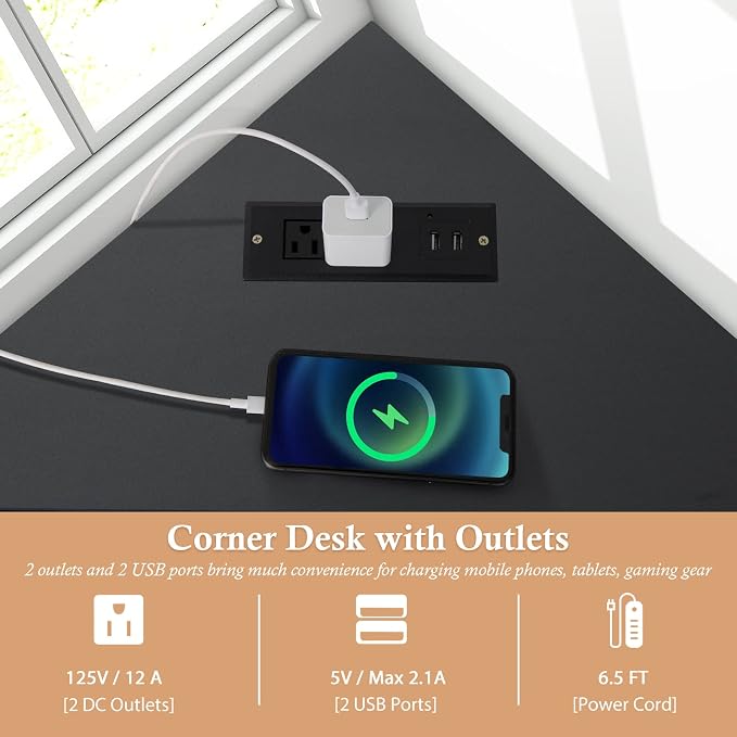 GOFLAME Corner Desk with Power Outlet, Triangle Computer Desk for Small Space, Space-Saving Writing Desk with Storage Shelf and Charging Station, Modern Laptop PC Desk for Home Office, Black
