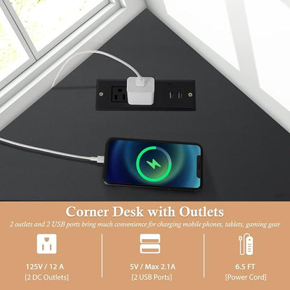 GOFLAME Corner Desk with Power Outlet, Triangle Computer Desk for Small Space, Space-Saving Writing Desk with Storage Shelf and Charging Station, Modern Laptop PC Desk for Home Office, Black