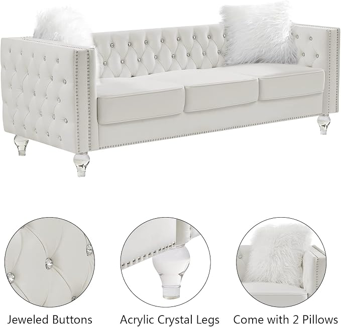 mikibama Velvet Loveseat with Buttons and Square Arms 59 Inch Tufted Sofa with Trimmed Nailhead and Metal Legs Loveseat Couch for Living Room, Bedroom (Beige-Crystal Legs, Loveseat + Sofa)